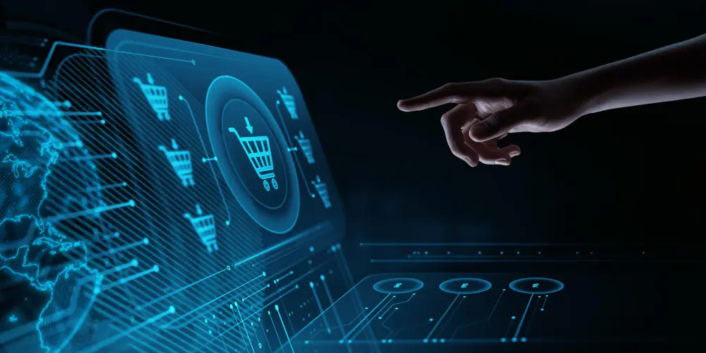 Mão apontando para holograma com ícons e gráficos de empresas de integração Shopify