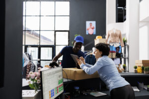 Funcionárias analisando estoque e pedidos no armazém para reduzir perda de pedidos e-commerce e falhas logísticas