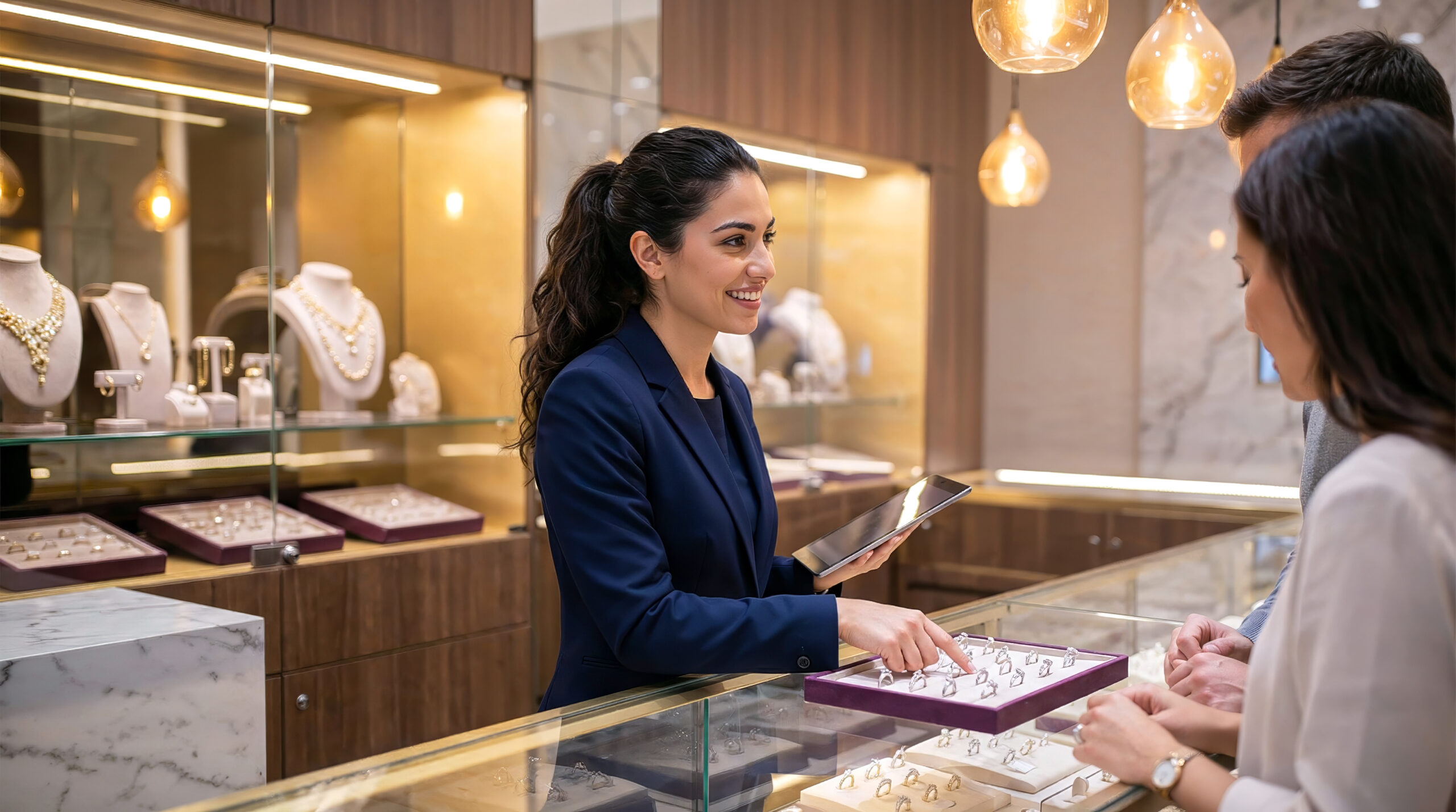 Vendedora em joalheria atendendo clientes no balcão enquanto utiliza tablet, representando integração omnichannel no atendimento ao cliente